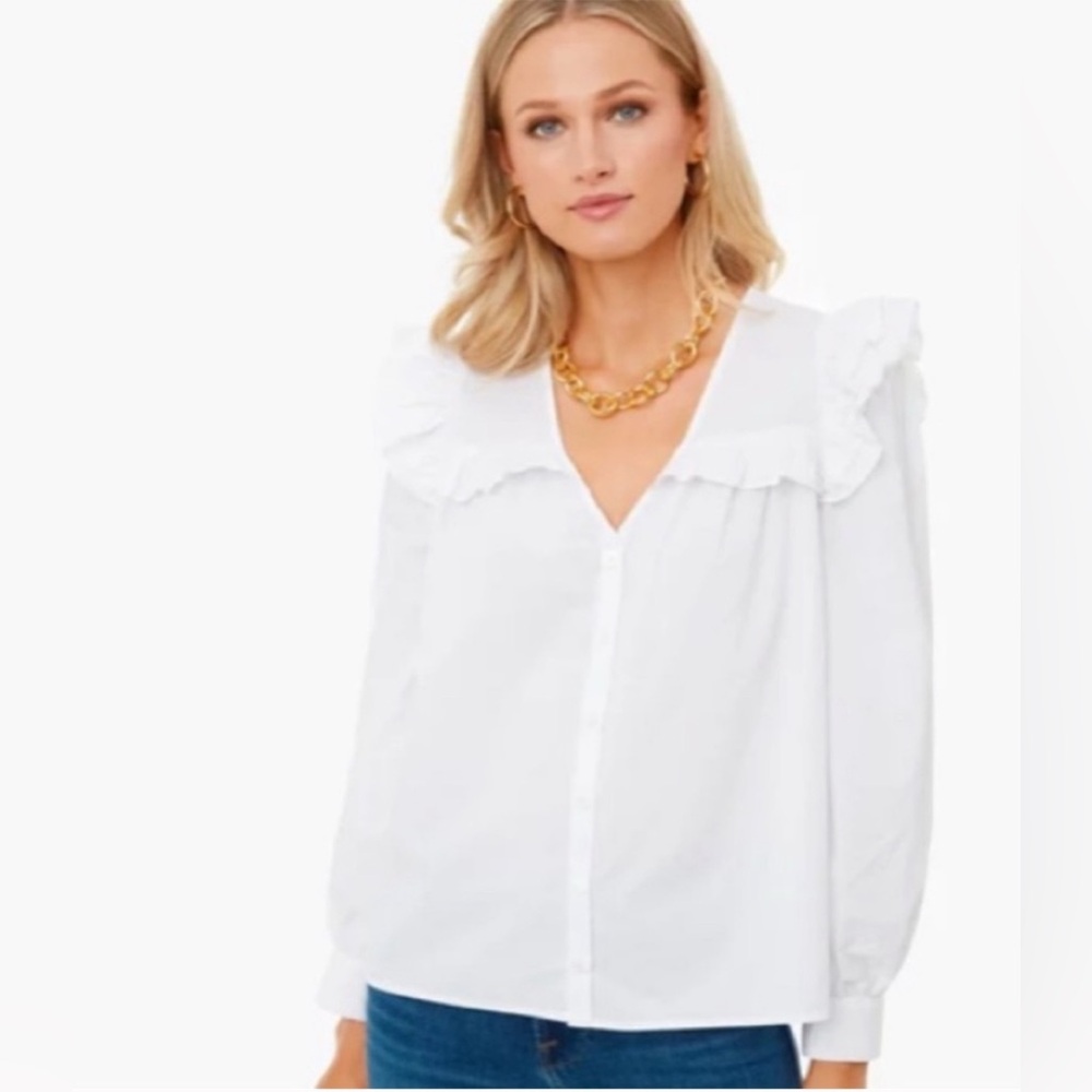 Women's White Ruffle Collar Button-Down Blouse